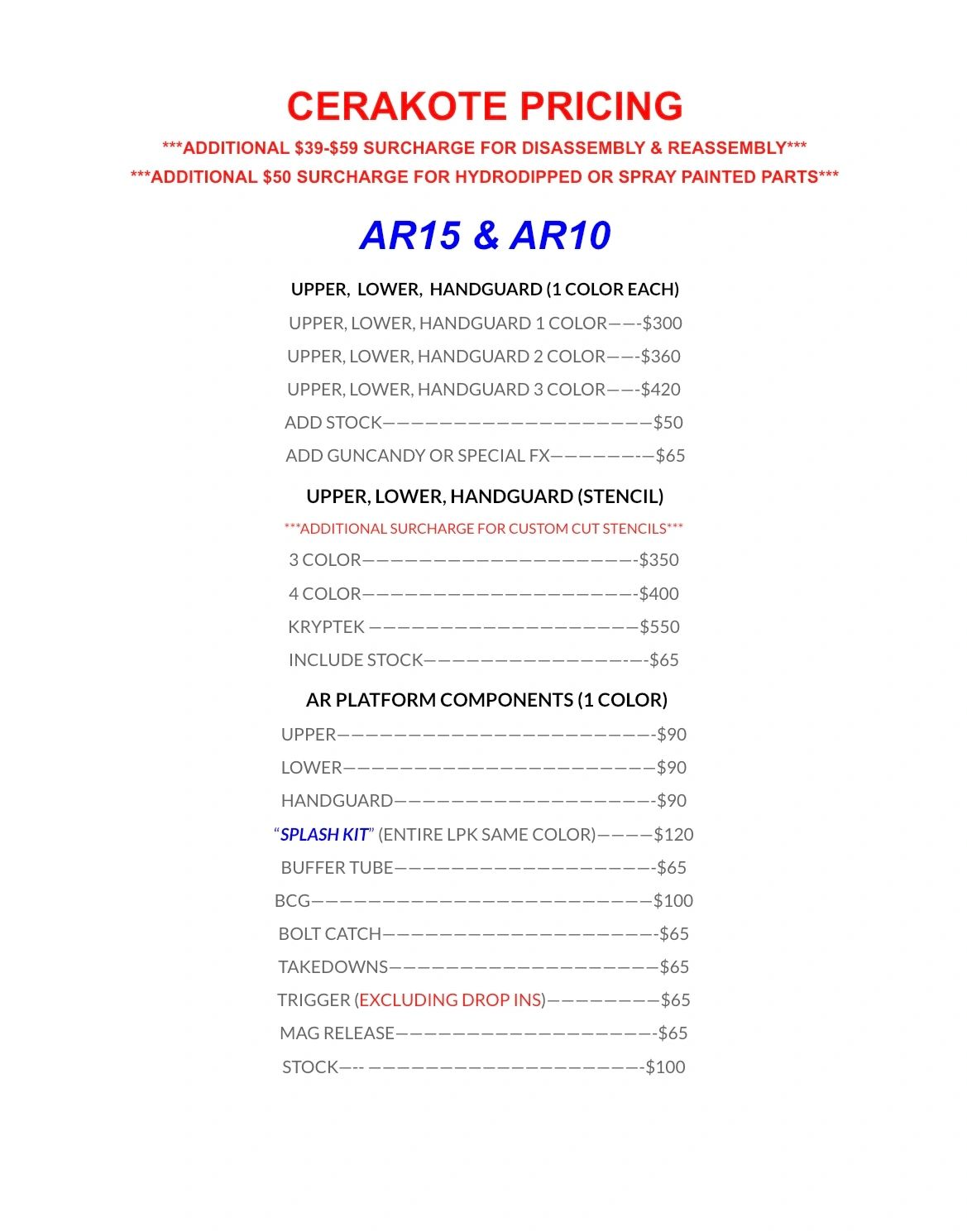 Cerakote pricing list for AR15 &amp; AR10 parts including surcharge details for disassembly and special finishes.