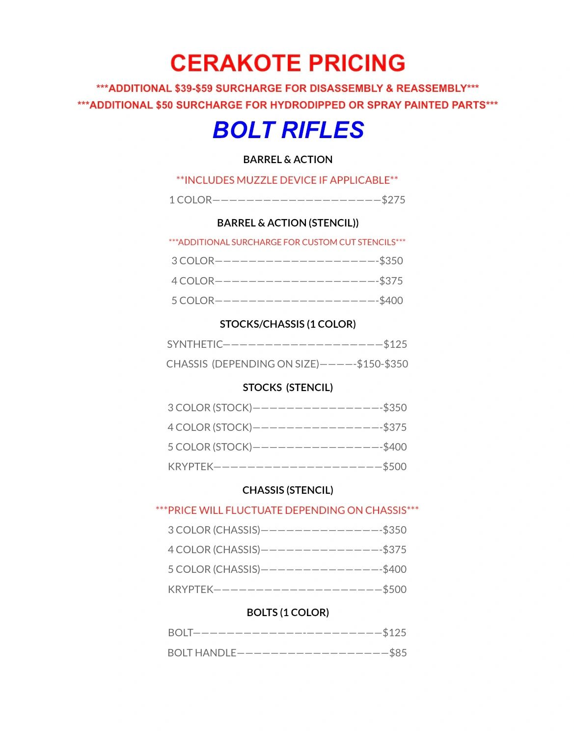 Cerakote pricing for bolt rifles with options for barrel, action, stocks, chassis, and bolts.