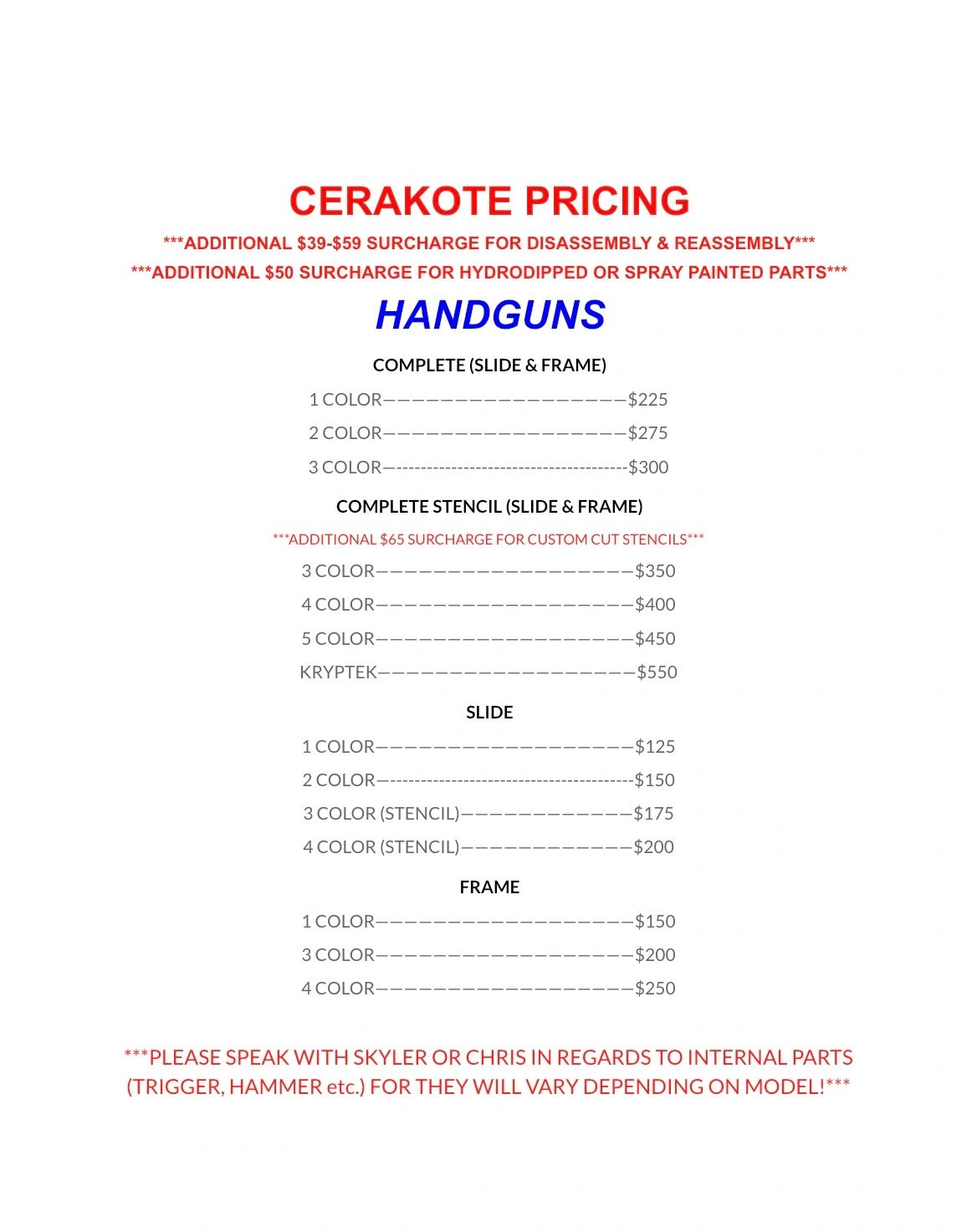 Cerakote pricing for handguns with various color and stencil options.