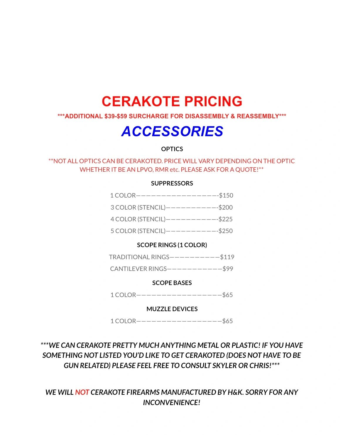 Cerakote pricing list for various firearm accessories with surcharge details and restrictions.