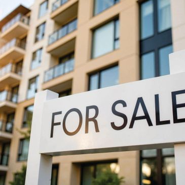 Modern apartment building with a prominent for sale sign.