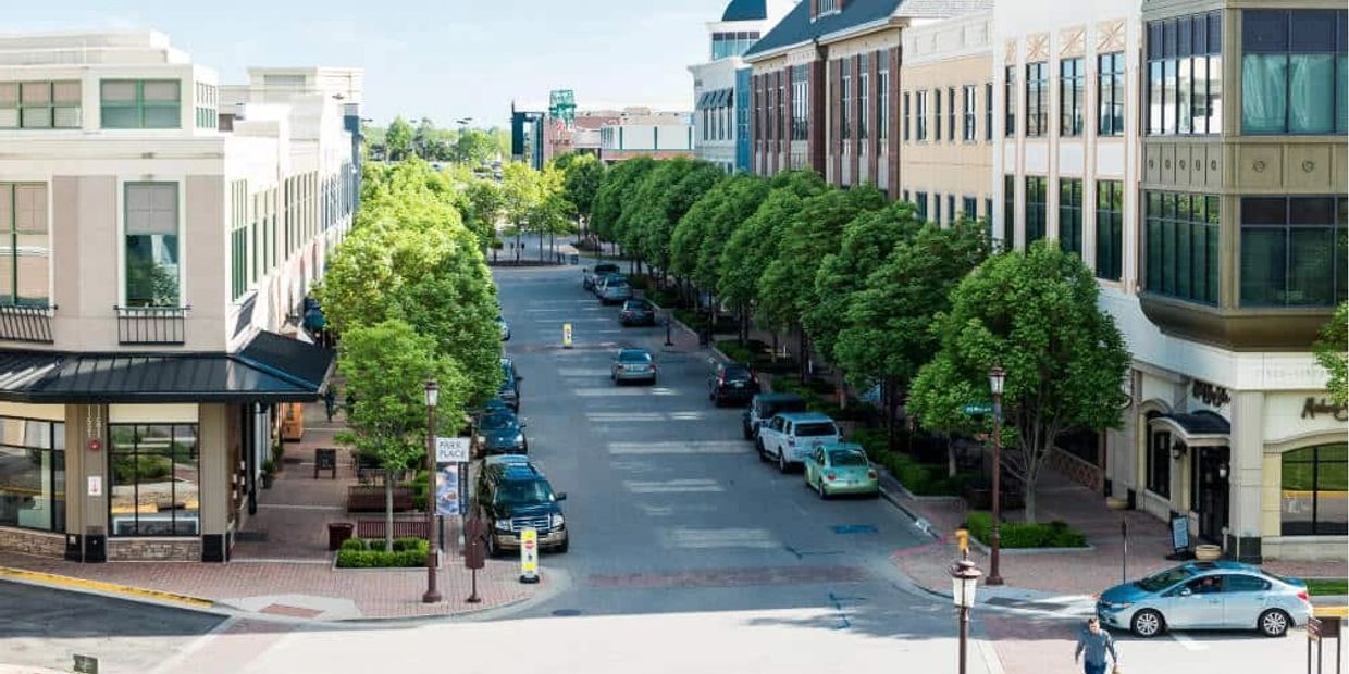 A peaceful street lined with trees and parked cars between modern buildings.