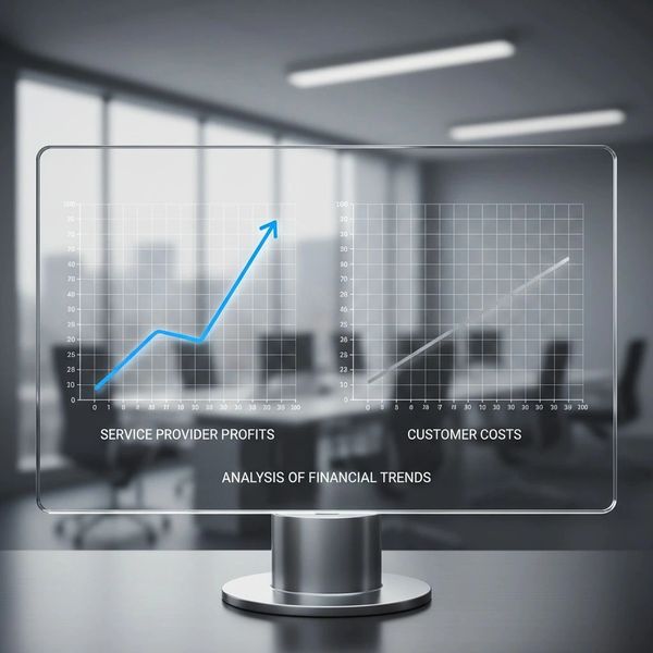 Transparent screen showing rising service provider profits and customer costs graphs.
