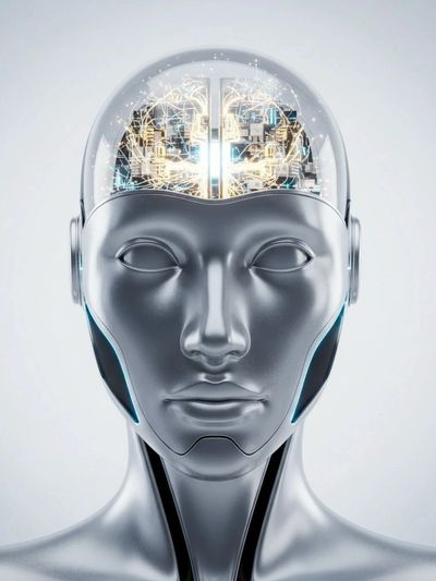 Futuristic robot with illuminated brain circuitry inside a transparent head.