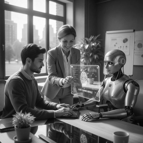 People collaborating with a humanoid robot using futuristic AI technology in an office.