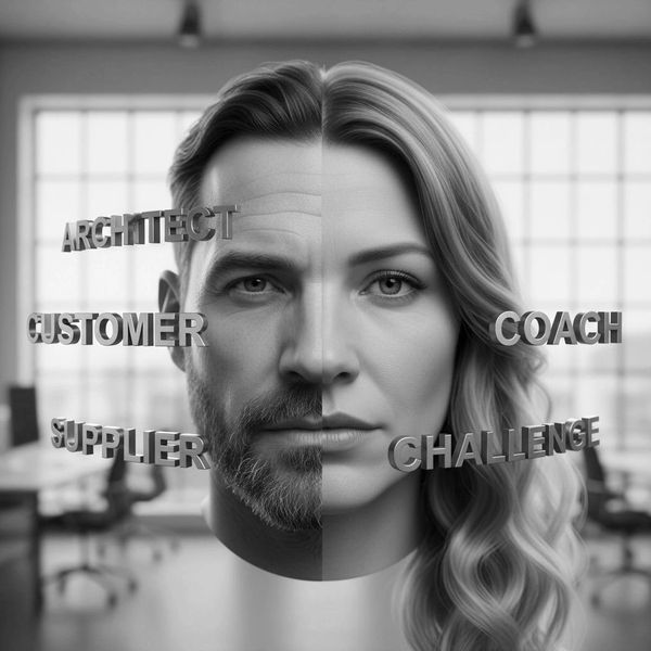 Split face of man and woman with business-related words floating around.