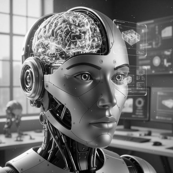 Futuristic robot with a visible digital brain and holographic interface in a modern workspace.