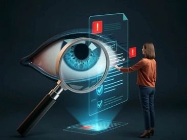 A woman interacting with a holographic digital interface and a magnified eye.
