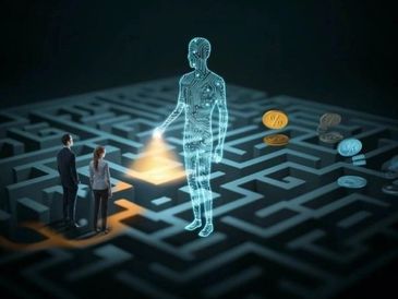 Digital guide lighting the path through a maze for two businesspeople.