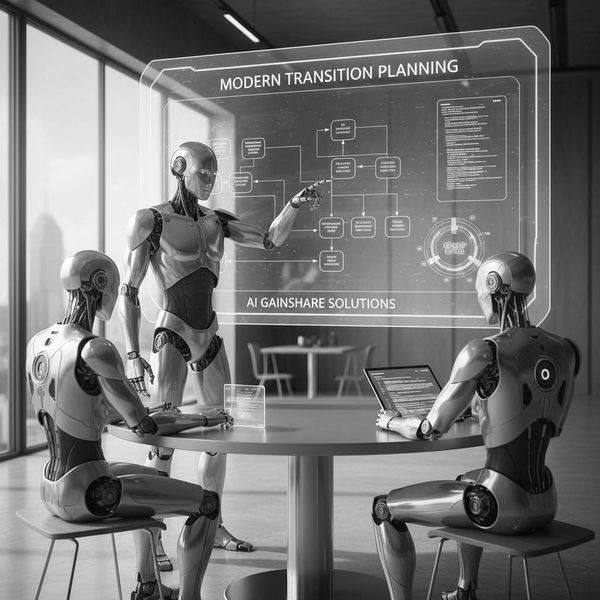 Three futuristic robots collaborating on modern transition planning with holographic interface.