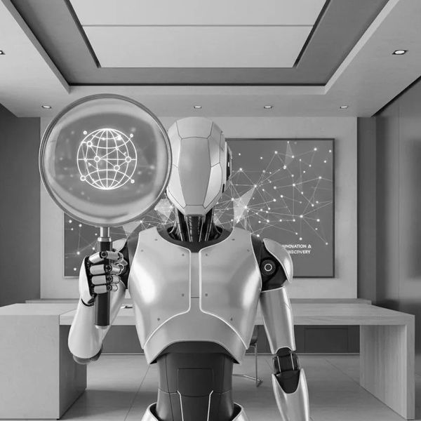 Futuristic robot holding a magnifying glass with a digital globe inside in a modern office.