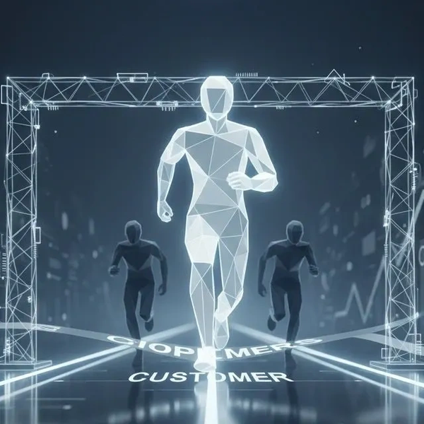 Digital figures racing towards a finish line labeled 'CUSTOMER' and 'TOP MERS'.