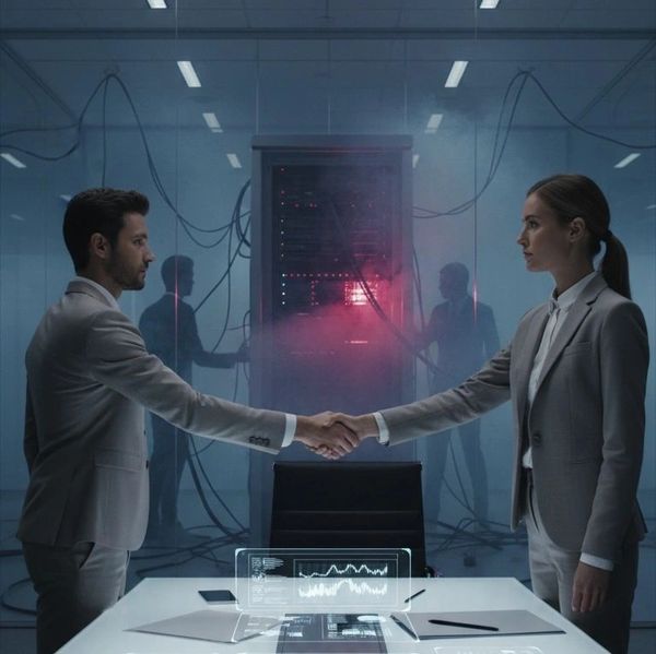 Two professionals shaking hands in a high-tech office with digital displays.
