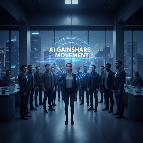 A group of professionals in a futuristic office with 'AI Gainshare Movement' hologram.
