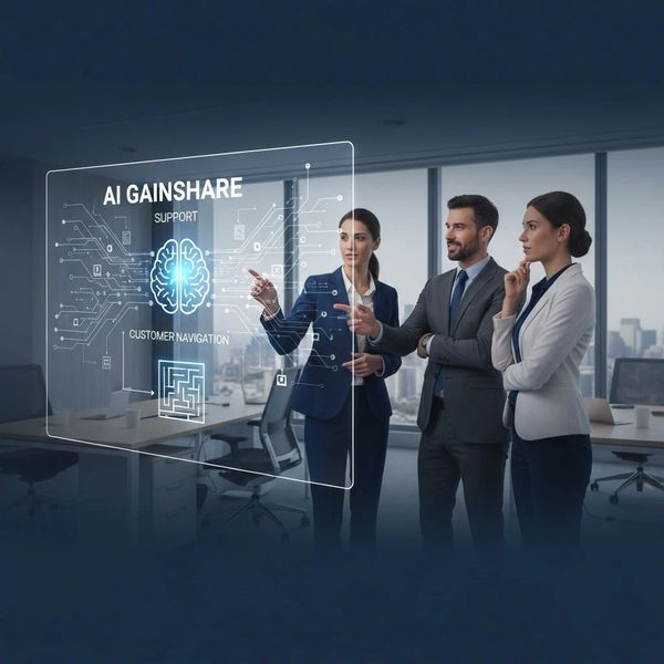 Business team interacting with futuristic AI interface for customer support and navigation.