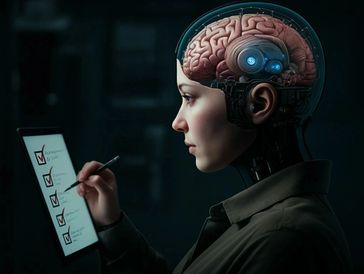 A cyborg woman with a visible brain using a digital tablet to check tasks.