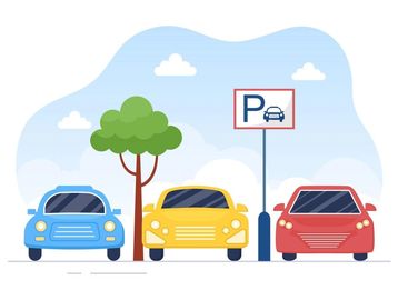 Three colorful cars parked beside a tree under a parking sign.