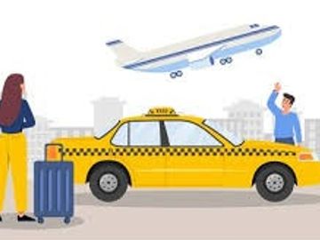 A woman with luggage hails a yellow taxi at the airport with a plane taking off.