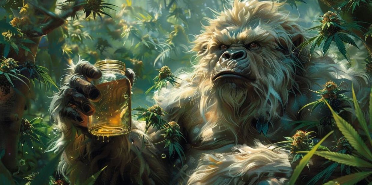 A majestic, furry creature holds a jar amidst lush, glowing plants in a mystical forest.