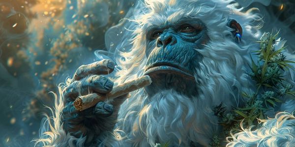 A blue-faced yeti smoking a large cigar surrounded by mystical smoke.