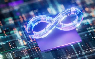 Glowing infinity symbol on a microchip.