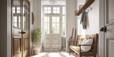 Elegant country home entrance hall with soft wood tones bespoke doors