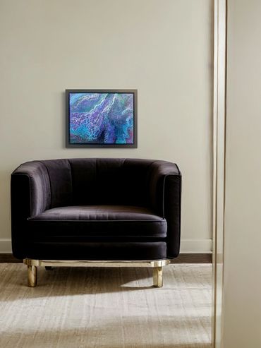 original 11” x 14” fluid art painting 
black floating frame
playful waves
Blue, Teal & turquoise