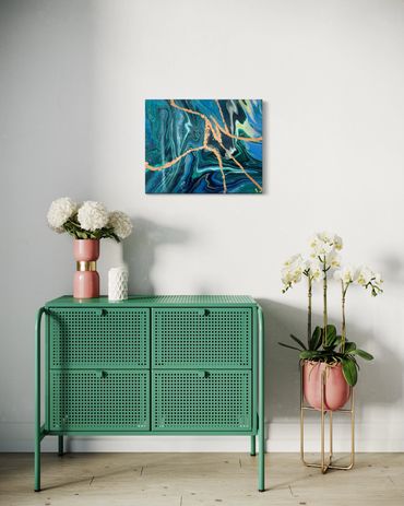 Gone Electric painting
16x20 fluid art
Vibrant abstract artwork
Green, blue, and silver art