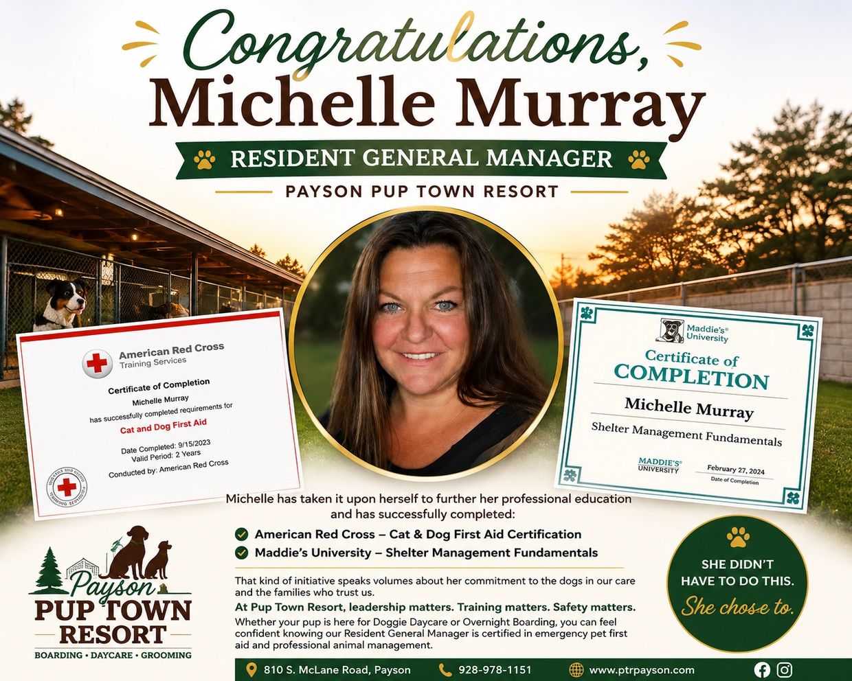 Congratulations to Michelle Murray on becoming Resident General Manager at Payson Pup Town Resort.