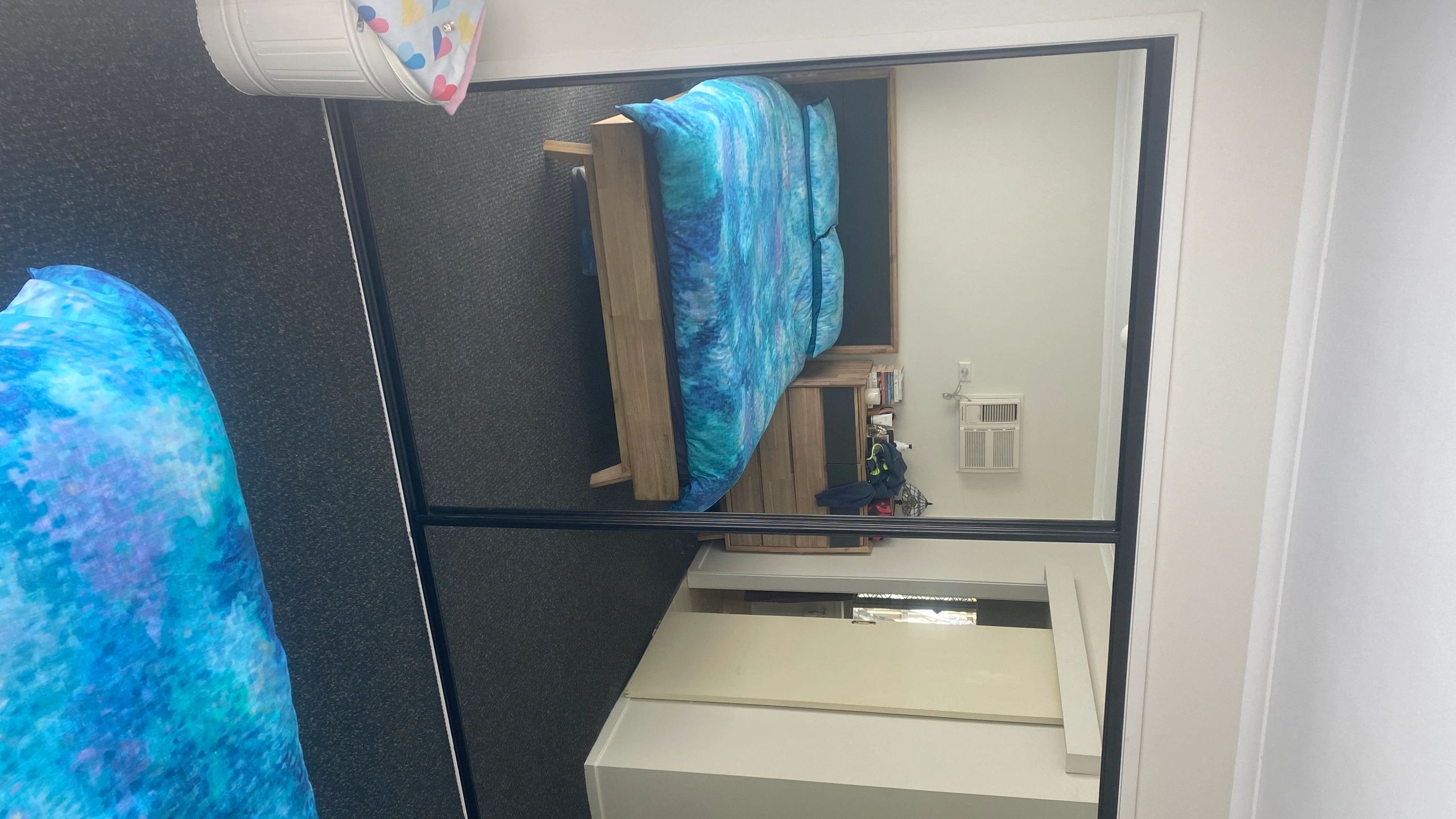 Black sliding mirror wardrobe doors.