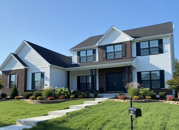 Large two-story house with brick and white siding, manicured lawn, and flower beds.