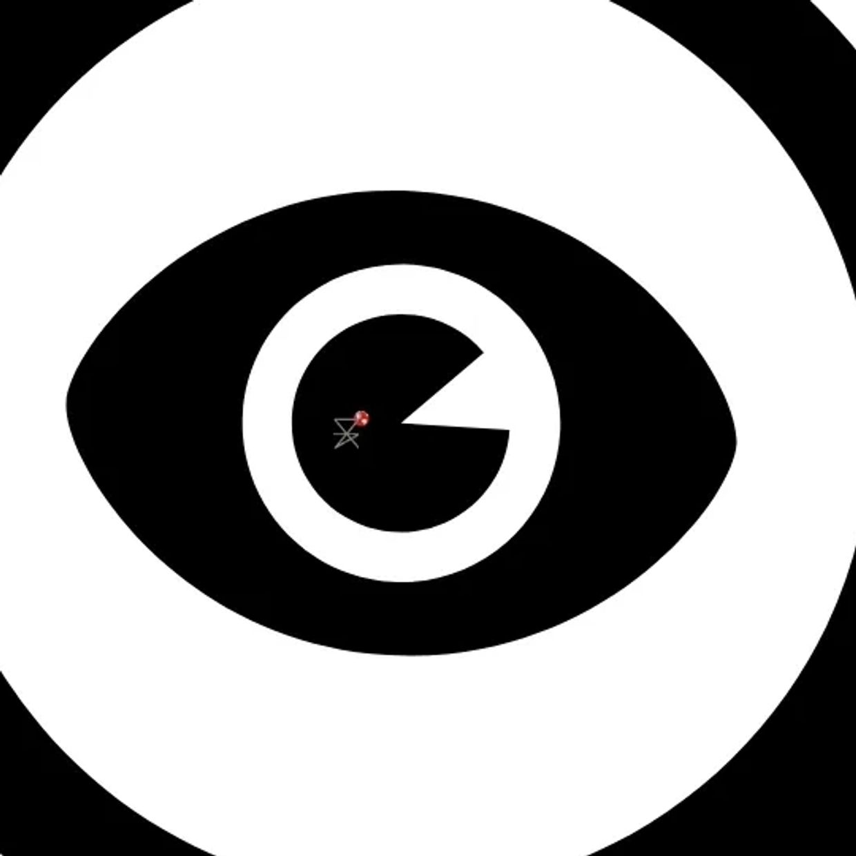 Black and white graphic eye with surrounding text.