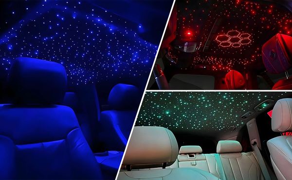 Car interiors with starry LED ceiling lights in blue, red, and green hues.