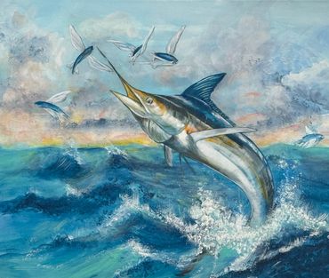 Marlin leaping out of water chasing flying fish