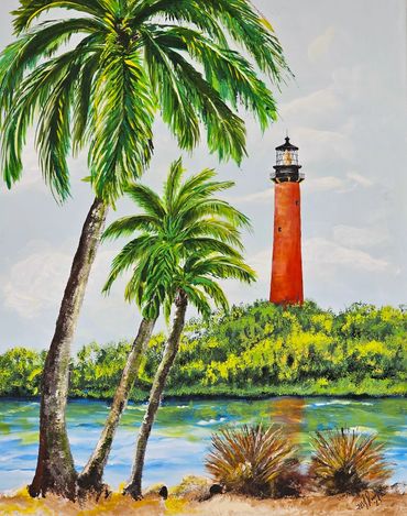 Jupiter Lighthouse with three palm trees