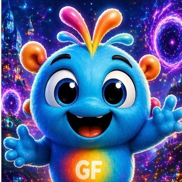 Colorful, joyful animated character with big eyes and vibrant background.