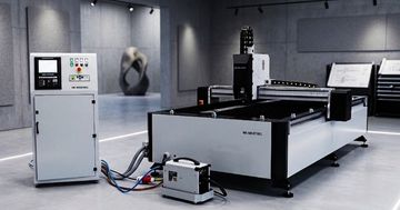 Modern industrial laser cutting machine in a clean factory setting.