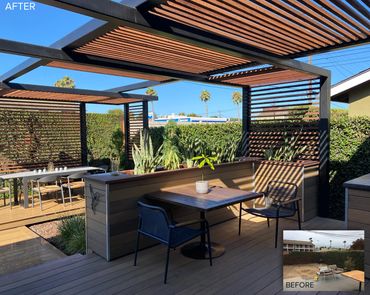 Custom pergola shade structure over deck and outdoor dining