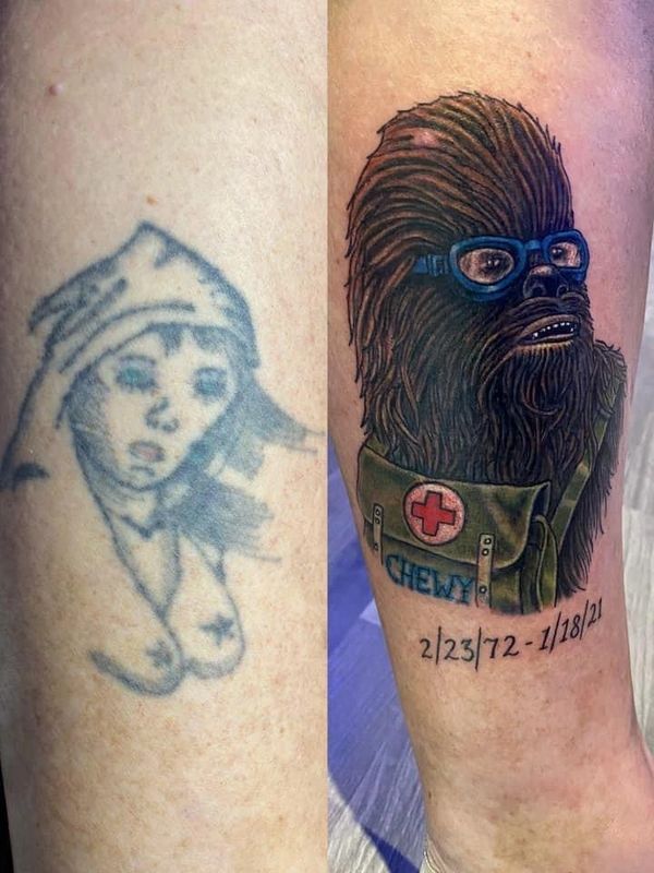 Cover up tattoo of Chewy the Wookie from Star Wars