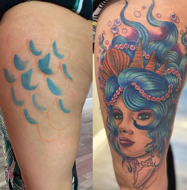 Cover up tattoo from old scales to mermaid head