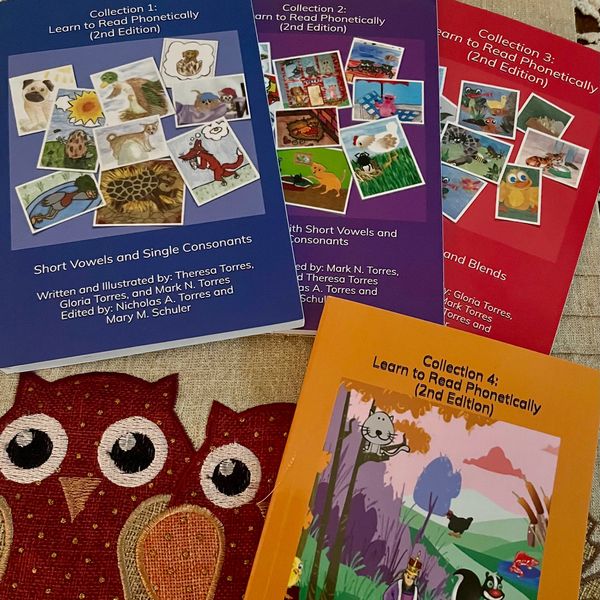 Four colorful phonetic learning books laid on a fabric with owl designs.