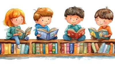 Four children happily reading books while sitting on a bookshelf.