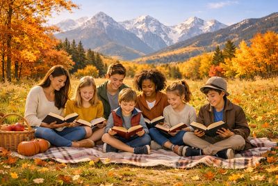 Family reading books together outdoors in autumn with mountains in the background.