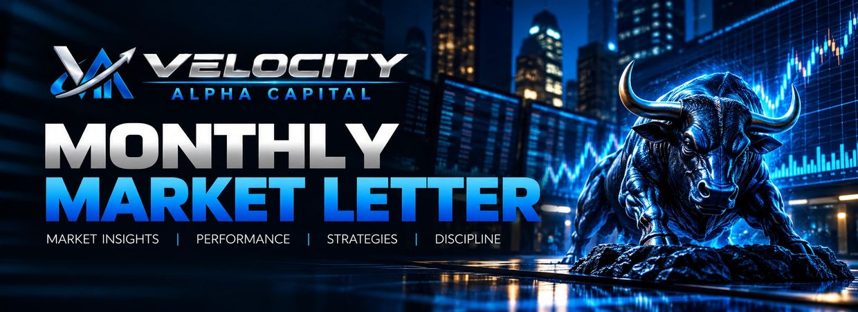 Monthly Market Letter by Velocity Alpha Capital with bull and stock charts.