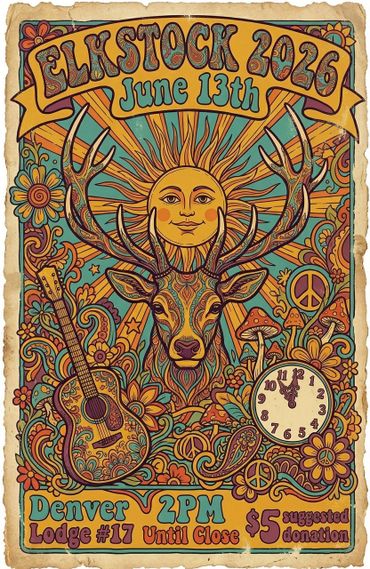 Colorful Elkstock 2026 music festival poster with psychedelic art.