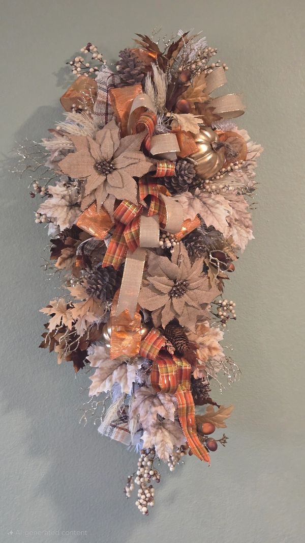 Seasonal autumn wreath with mini orange pumpkins and metallic bow accents