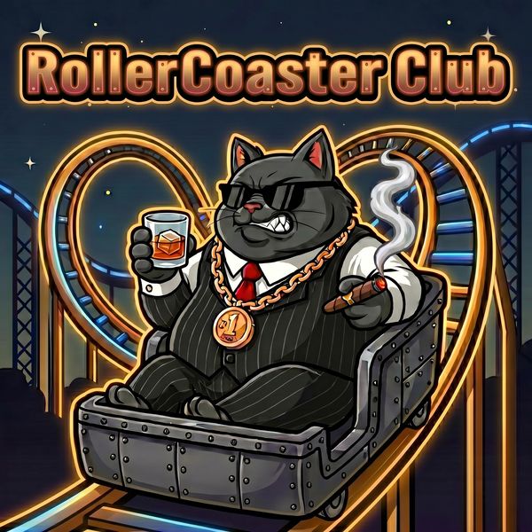 Cool cat in suit enjoys cigar and whiskey on roller coaster at RollerCoaster Club.