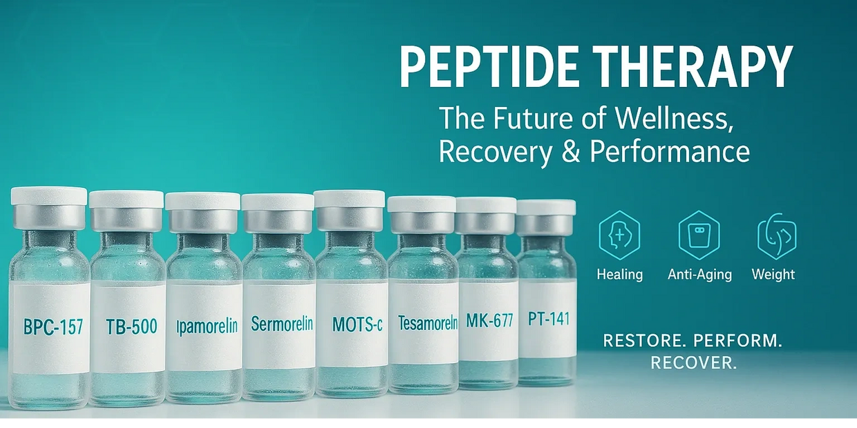 Row of peptide vials: BPC-157, TB-500, Ipamorelin, Sermorelin, MOTS-c, Tesamorelin, MK-677, PT-141