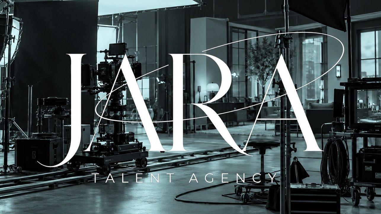 Logo of JARA Talent Agency over a film set background.
