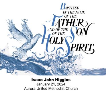 Artistic baptism announcement with water and dove imagery.